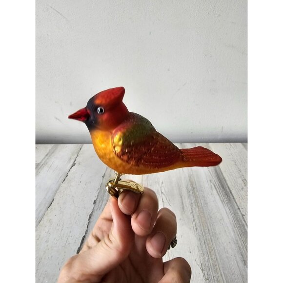 OWC Old world Cardinal bird clip glass ornament glitter orange Xmas tree - Picture 4 of 7
